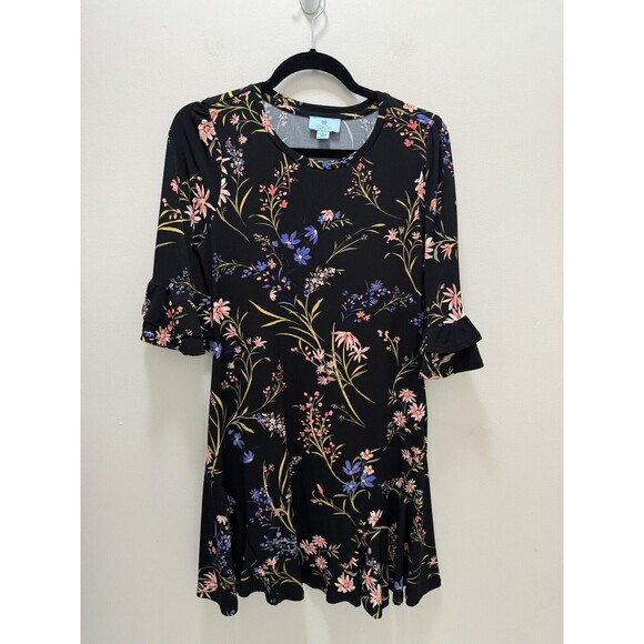 Cece Ruffled Cuff Black Floral Stretch Dress‎ Size Small - Picture 1 of 4